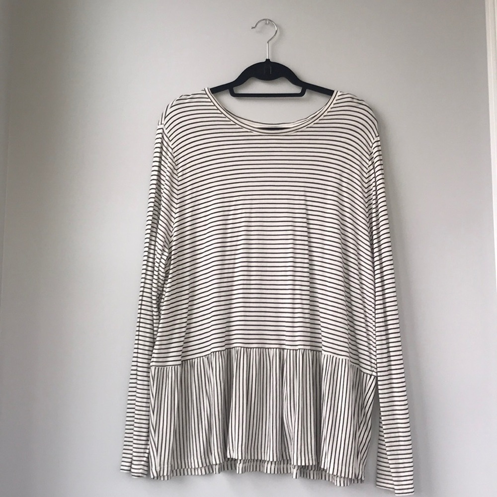 Black and White Striped Long Sleeve Peplum Top